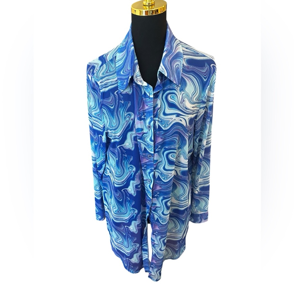 Refuge Blue and White Retro Style Swirl Top Size XL